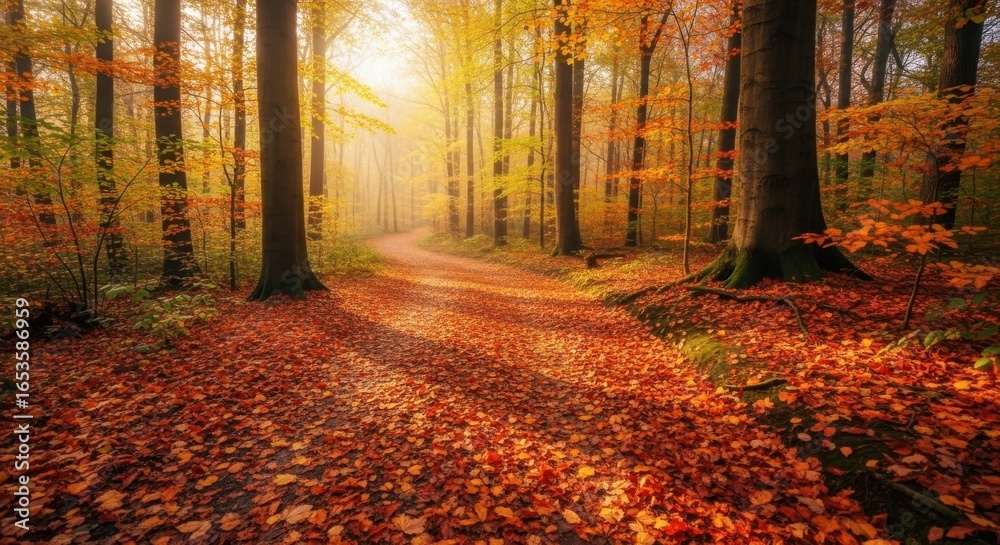 Fototapeta premium Golden sunlight illuminates a forest path covered in autumn leaves