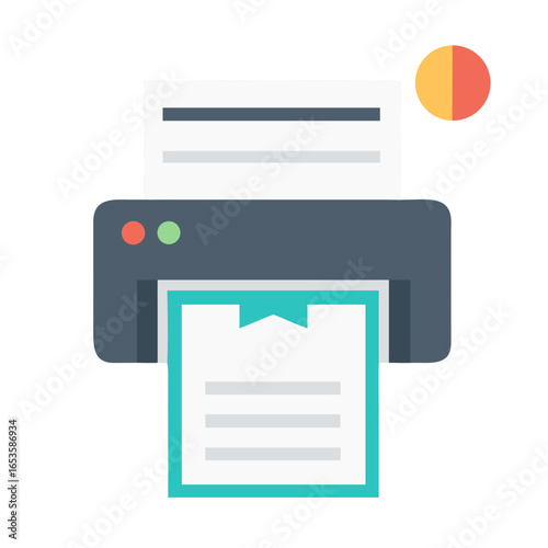 Vector art of a modern flat design illustration of a printer actively printing a document, with a small circular graphic in the upper right corner
