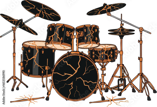 A striking black drum kit with an intricate orange crackle pattern, featuring multiple drums and cymbals arranged for musical performance.