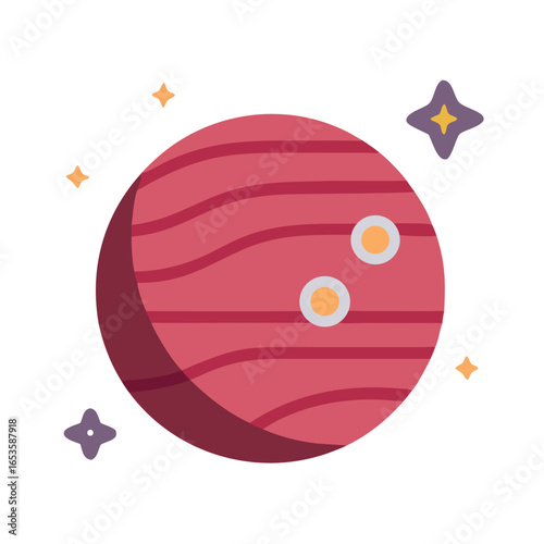 Vector art of a vibrant red planet with swirling stripes and two glowing moons, surrounded by twinkling stars and cosmic dust