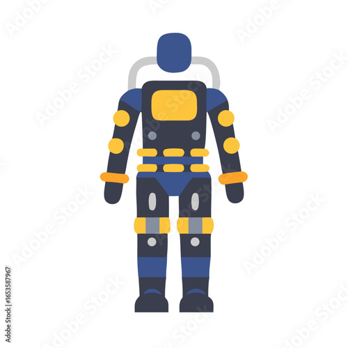 Vector art of a futuristic robot in a detailed blue and yellow spacesuit stands ready for exploration
