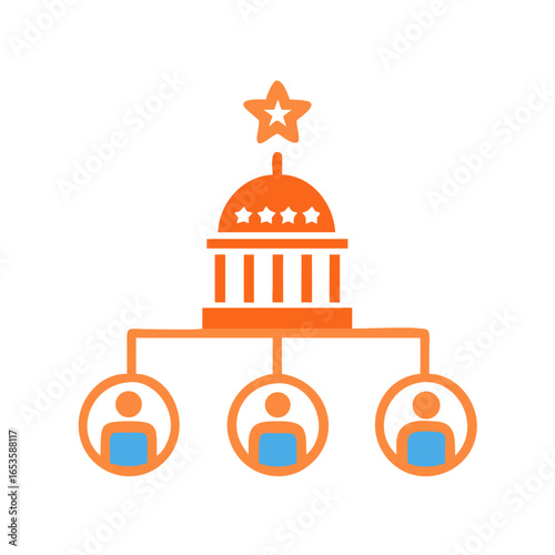 Vector art of an orange icon depicting a government building with a star on top, connected to three people icons