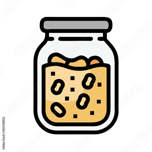 Vector art of a glass jar filled with preserved food items in a golden liquid, sealed with a grey lid