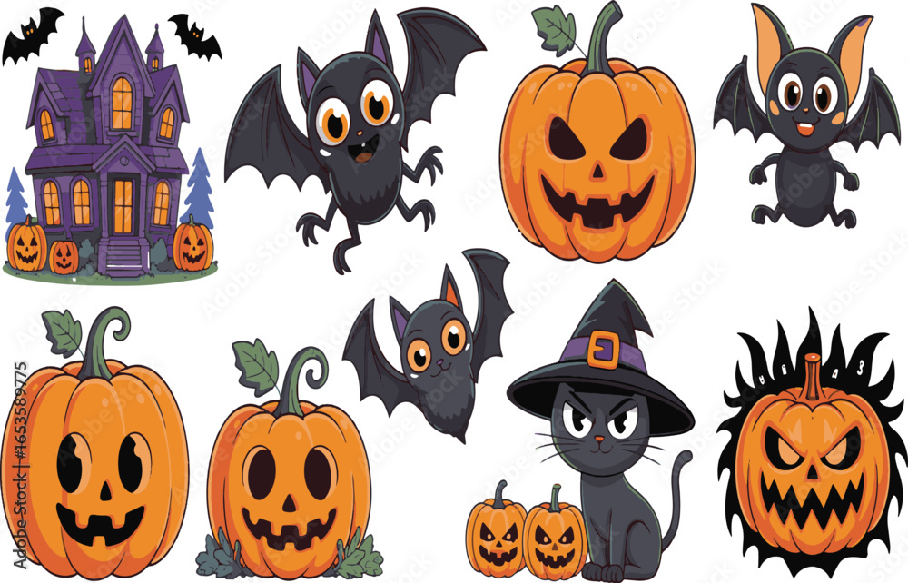 Fototapeta premium Whimsical Halloween Cartoon Collection A Spooky Assembly of Bats Pumpkins a Haunted House and a Witch's Cat