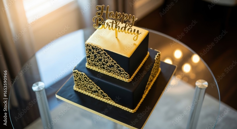 custom made wallpaper toronto digitalElegant Black and Gold Tiered Birthday Cake on Glass Table with Topper
