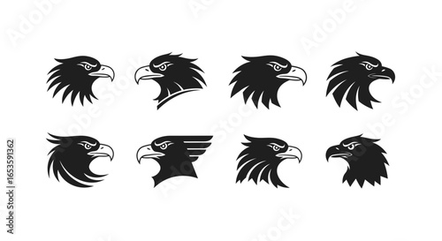 A set of eight unique and fierce eagle head designs, presented in stark black and white, suitable for emblems, tattoos, or striking graphic art symbolizing courage, focus, and vision