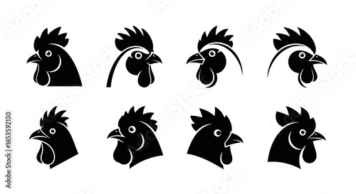 An array of stylized rooster head illustrations showcasing varied crest designs and beak shapes, embodying a symbolic representation of poultry in a modern and minimalist black silhouette visual