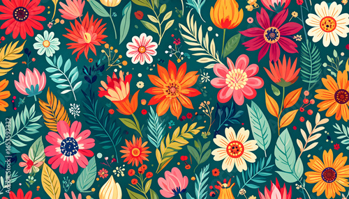 Vibrant Floral Pattern with Diverse Blooms and Foliage on Teal Background
