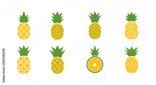 A vibrant collection of stylized pineapple icons, each rendered in bold yellow and green hues with unique geometric patterns, embodying tropical freshness and design versatility for various