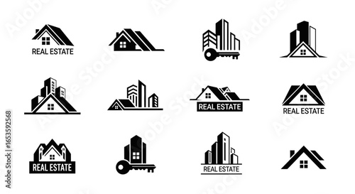 Collection of Minimalist Real Estate Logo Designs Emphasizing Architecture, Housing and Key Concepts for Property Businesses and Agencies in Modern Black and White Style