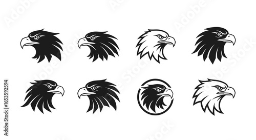 Collection of striking eagle head silhouettes, presented in diverse monochrome renditions, showcasing powerful avian imagery that offers versatile graphic possibilities for logo and icon design,