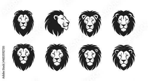 Striking Lion Head Silhouette Collection: A Diverse Array of Bold Designs for Branding, Logos and Symbolic Representations of Strength and Majesty, all with minimalist modern designs