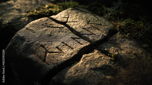 Viking rune stone cracked close-up, sharp texture details, Viking heritage theme