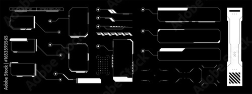 Futuristic callout title text boxes. Digital HUD lower third, frames, and infographic UI elements