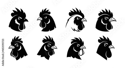 Collection of Silhouetted Rooster Head Vectors Depicting Various Styles and Attitudes, ideal for Branding or Logo Design, reflecting themes of Courage and Vigilance in Bold Graphics