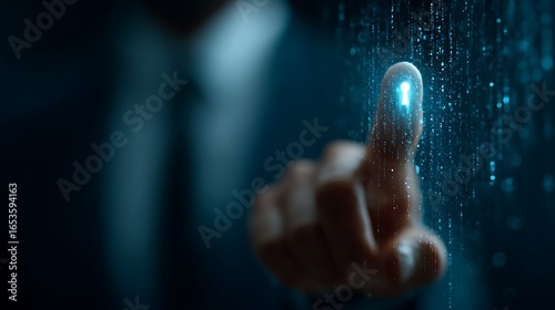 A man in a suit and tie, pointing to a glowing digital lock icon on a blue and black digital screen. The background is a blurred, dark blue digital matrix with a glowing, glowing lock icon.