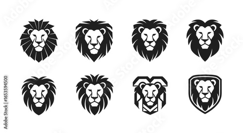 Monochrome collection of stylized lion head representations for logos, emblems and heraldic designs, featuring various mane styles and geometric aesthetics conveying power and elegance