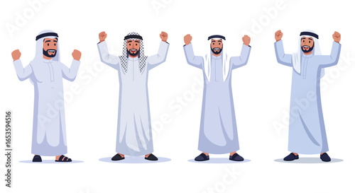 Four Jubilant Men in Traditional Arab Thobes Arms Raised in Celebration.