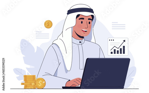 Smiling Arab Businessman Analyzing Financial Data on Laptop with Dollar Coins.