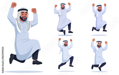 Jubilant Arab Men Leaping with Joy in Traditional Thobes and Headwear.