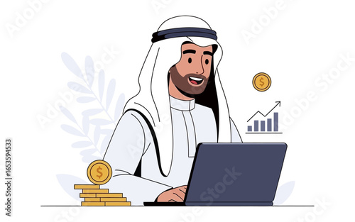 Smiling Arab Businessman Working on Laptop with Rising Graph and Gold Coins.