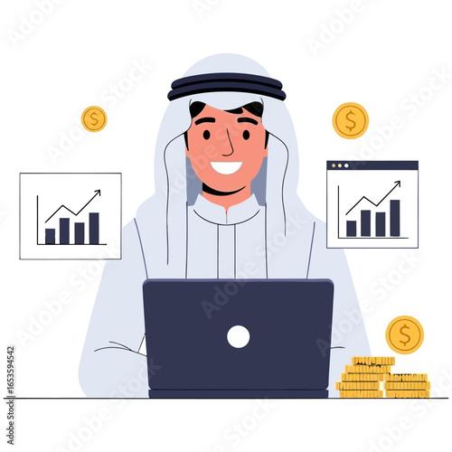 Smiling Arab Businessman Working on Laptop with Growing Charts and Coins.