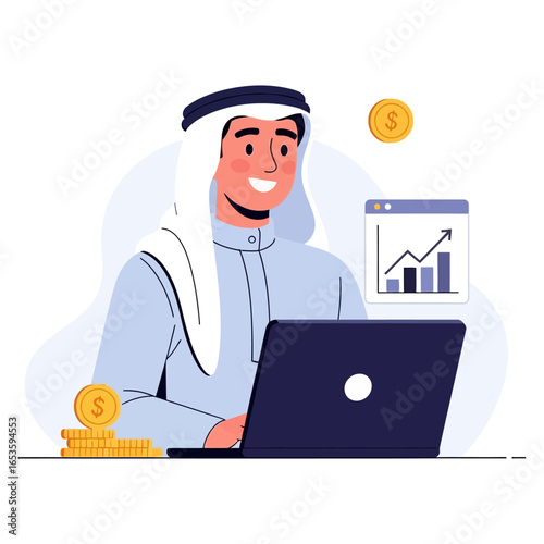 Smiling Businessman in Traditional Attire Working on Laptop with Growing Graph.
