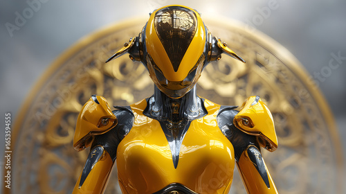 A stunning image a sleek, golden female robot standing against a blurred backdrop an ornate clock. robot's design highly detailed futuristic.
