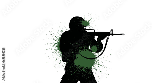 Soldier silhouette with splatters: powerful symbol of modern military conflicts