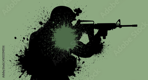 Abstract soldier silhouette with splatter pattern on an olive background