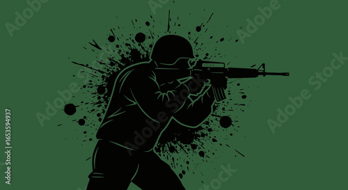 Bold Soldier Silhouette in Action Stance Against Grungy Paint Splatter Backdrop