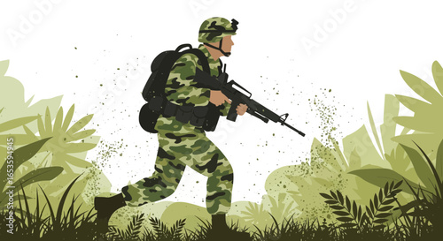 Camouflaged soldier advances through dense vegetation with determination
