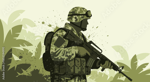 Camouflaged soldier in jungle setting armed with assault rifle design