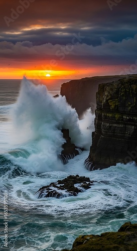 Dramatic coastal collision powerful ocean waves crash against rugged cliffs during sunset