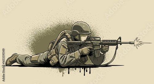 Combat soldier in prone position firing assault rifle with backdrop splatter