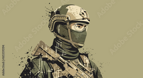Detailed illustration of a soldier with a tactical helmet and rifle side view