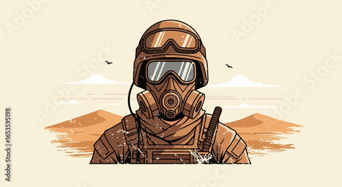 Desert guardian armored survivalist with gas mask amidst arid landscape
