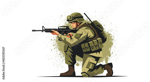 Focused illustration of a soldier in combat stance with rifle