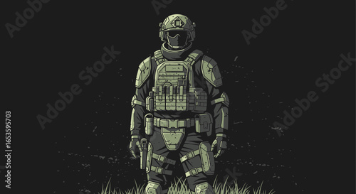 Illustration of a Soldier in Full Tactical Gear Against a Dark Backdrop