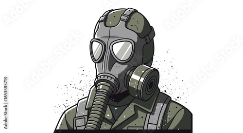 Illustration of a person wearing a gas mask against a white background