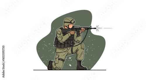 Illustration of a soldier kneeling and firing a rifle in combat mode