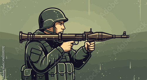 Illustration of soldier aiming grenade launcher on grunge background