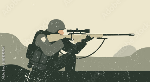 Illustrative armed forces sharpshooter with vintage effect over landscape