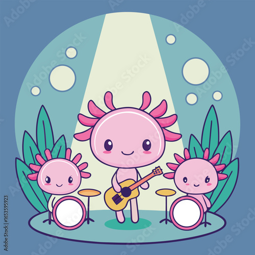 Three pink axolotls playing musical instruments on stage guitar drums