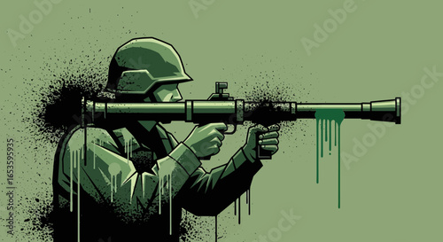 Illustrative military soldier aiming a rocket launcher in a combat stance