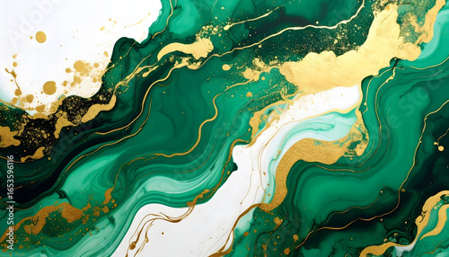 Abstract Green And Gold Fluid Texture With Swirls And Splashes On White Background