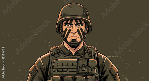 Intense soldier staring intently in combat gear with face markings