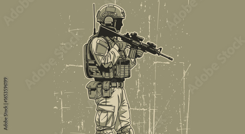 Intense vector illustration of a soldier holding a rifle ready to engage in combat