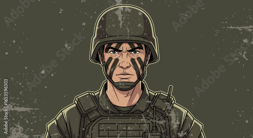 Serious soldier with camouflage paint wearing tactical gear illustration