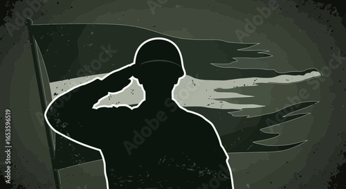 Silhouette of saluting serviceman with aged flag, honoring veterans day